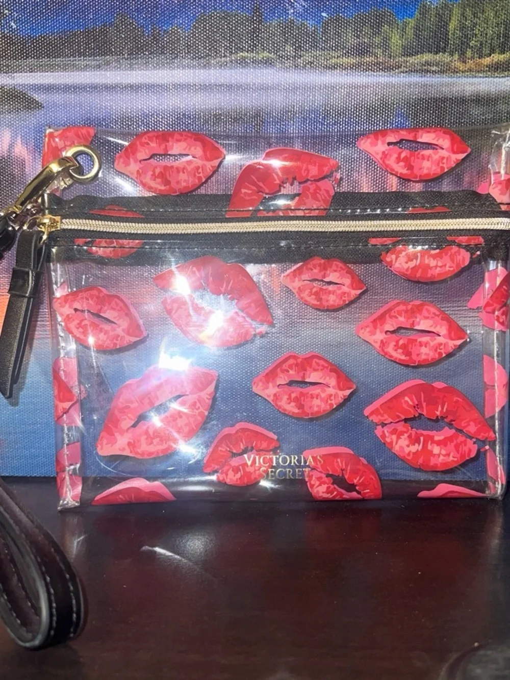 Victoria's Secret Clear Kiss-Print Wristlet Pouch - Red & Black